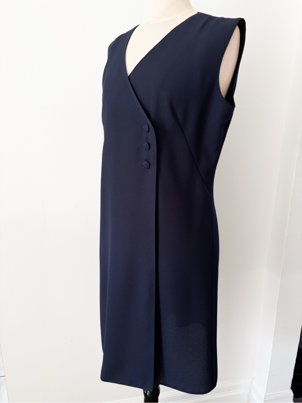 Vintage AGMIR Sleeveless Navy Wrap Sheath Dress, Size S - Made in Europe